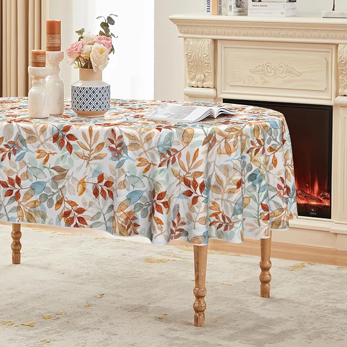 Horaldaily Fall Tablecloth 60×84 Inch Oval, Thanksgiving Autumn Harvest Orange Blue Watercolor Leaf Table Cover for Party Picnic Dinner Decor