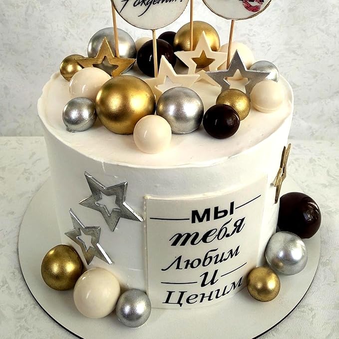 ASTARON 32 Pcs Ball Cake Topper Decorations Mini Balloons Cake Topper Sticks Foam Balls Cake Picks for Graduation Wedding Party Birthday Cake Decorations (Gold Silver Black)