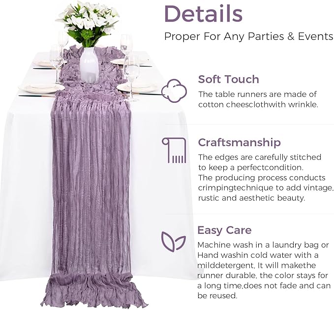 20PCS Grape Cheesecloth Table Runner 10ft Boho Gauze Fabric Cheese Cloth Table Runner Comes with 20 Cloth Napkins Runner for Romantic Wedding Birthday Shower Party Table Decoration