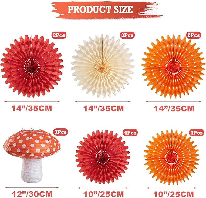 Homarkable Mushroom Paper Lanterns Paper Fans, Mushroom Party Decorations, with 3 Mushroom Lanterns 12 Inches, Red Orange Folding Fans, Honeycomb Party Decorations for Nursery Garden Forest Party