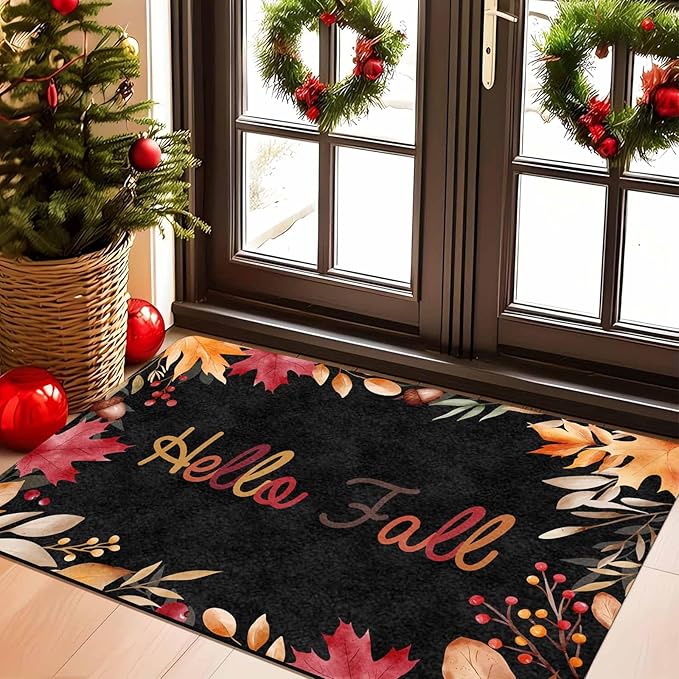 Thanksgiving Doormat for Indoor Outdoor Entrance Floor Mats,Fall Welcome Maple Leafs Decorative Door Mat, Autumn Fall Pumpkins Non Slip Harvest Vintage Decor Rubber Welcome Mats 16" x 24" Inch