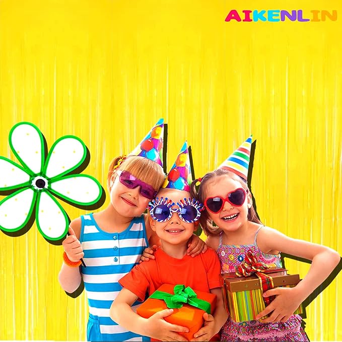 4 Pack Macaron Yellow Foil Fringe Curtain Backdrop, 3.2Ft x 9.8Ft Metallic Tinsel Foil Fringe Streamers Curtains for Party, Photo Booth Prop, Birthday, Wedding, Christmas Party Decoration Supplies
