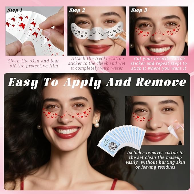 10 Styles Red Glitter Freckles Face Tattoo, Waterproof Sparkle Cute Star Butterfly Face&Body Glitter Speckles Patches for Women, Metallic Temporary Tattoo Accessories Makeup for Rave