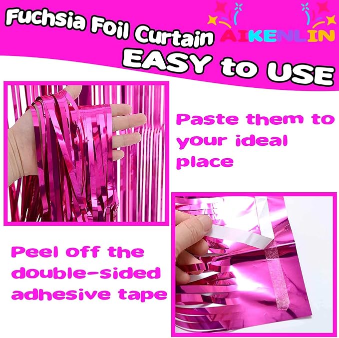 4 Pack 3.2Ft x 9.8Ft Fuchsia Foil Fringe Curtain Backdrop, Metallic Tinsel Foil Fringe Streamers Curtains for Party, Photo Booth Props, Birthday, Wedding, Christmas Party Decoration Supplies