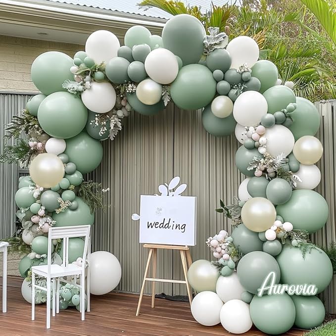 Green White Balloon Garland Double Stuffed Dusty Sage Green White Sand Pearl Balloons Pastel Neutral Balloon Arch Kit for Baby Shower Birthday Wedding Christmas Party Decorations