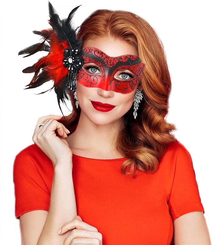 2025 New Red Masquerade Venetian Mask for Women - Womens Mascarade Mask with Feathers for Masquerade Party, Halloween Ball, Cosplay Prom, Christmas, Birthday, Wedding