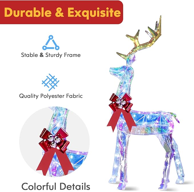 3-Piece Large Lighted Christmas Deer Family Set, 5FT Reindeer Christmas Decoration for Yard, Lawn, Front Porch, Xmas Deer Outdoor Decor with 260 LED Lights, Stakes, Zip Ties - Iridescent