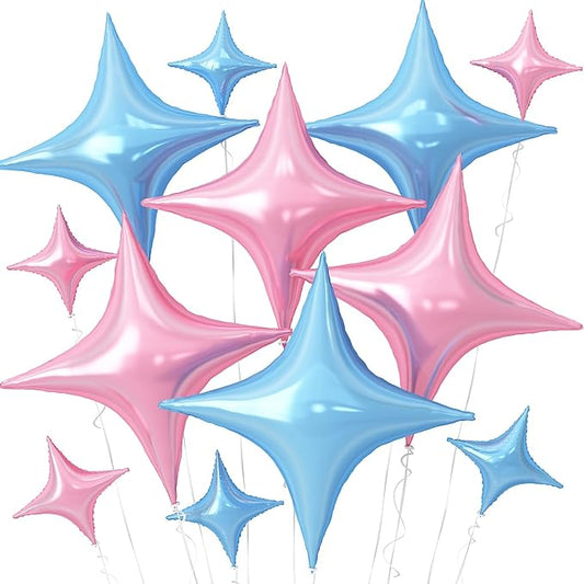 Pink Blue Star Balloons,12Pcs Four Angle Star Foil Balloons,26Inch and 10Inch Light Pink Blue Quadrangle Helium Balloon for Birthday Anniversary Party Decorations