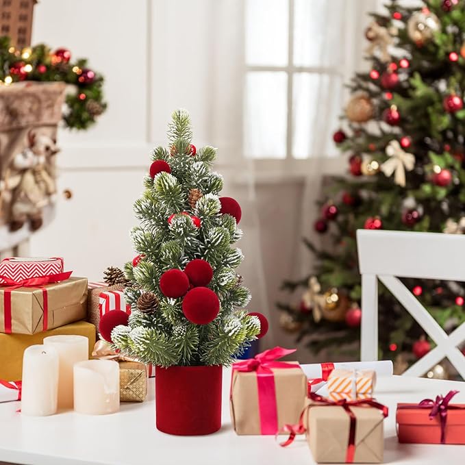 SY Super Bang Small Christmas Tree, 18Inch Burgundy Artificial Velvet Ball Berry Mini Tabletop Tree Christmas Decorations, for Home Party Thankgivings Xmas Indoor Decor.