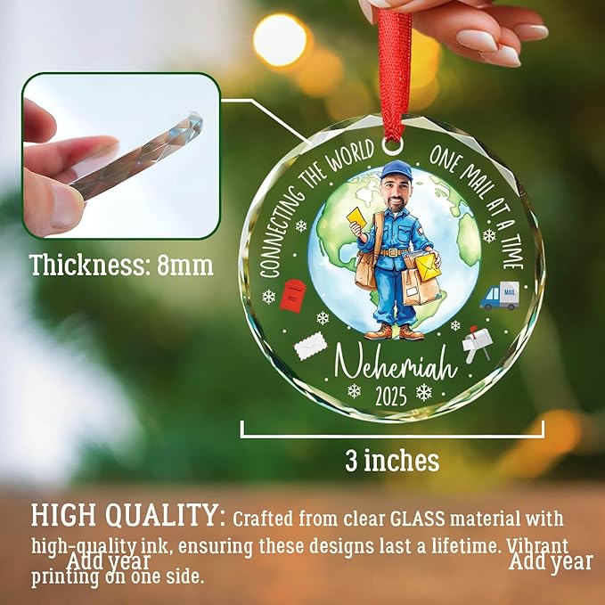 Personalized Photo Face Mailman Christmas Ornament 2025, Connecting The World One Mail at A Time Glass Ornament Gifts for Postal Worker, Custom Photo Name Mail Carrier Xmas Tree Hanging Ornaments