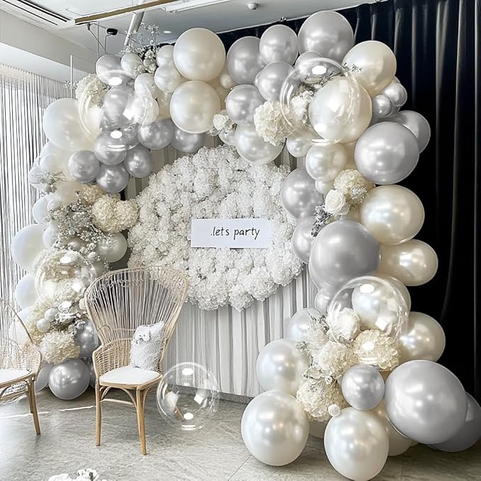 Pearl Silver Balloon Arch Double Stuffed Pearl Metallic Silver Balloon Garland Kit Different Sizes 12/10/5in With Clear Bobo Balloons for Birthday Wedding Bridal Baby Shower Graduation Party Decor