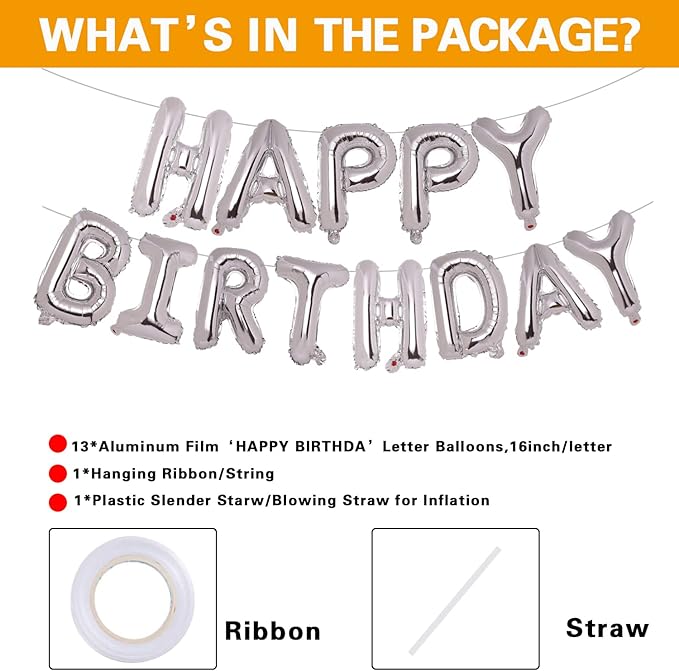 Accevo Silver Happy Birthday Balloon 16 Inch Mylar Foil Letters Balloons Happy Birthday Banner for Kids Child Adults Boys Girls Happy Birthday Sign Birthday Party Decorations Supplies