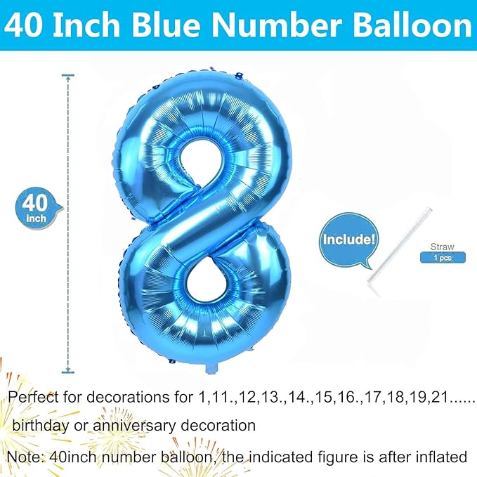 40 inch Blue Number Balloon Giant Foil Helium Balloons Blue Number 8 Balloon for 8th Birthday Party Decorations