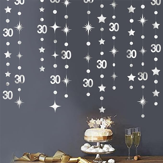 Silver 30th Birthday Decorations Number 30 Circle Dot Twinkle Star Garland Metallic Streamer Banner Backdrop for Mens Womens Happy Dirty Thirty Cheers to 30 Years Old 30th Anniversary Party Supplies