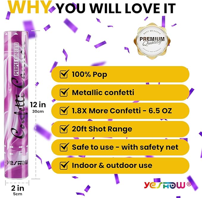 Confetti Cannon Poppers Purple, 6PACK YESHOW Purple Mylar Confetti Shooter for Graduation, Birthday Party, Halloween Party Christmas Eve and New Year Celebration