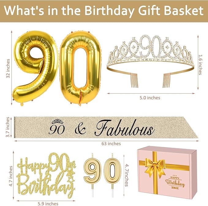 90th Birthday Decorations for Women Gold with 90th Birthday Sash and Tiara, Cake Topper and Candles, Number Balloons, 90 Year Old Gifts for Women