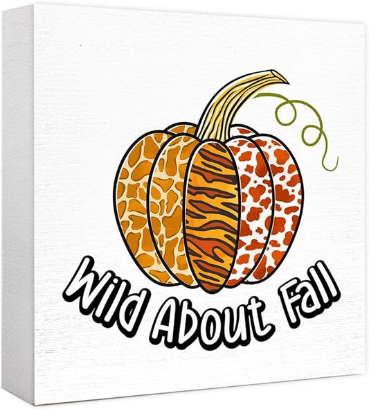 Funny Autumn Pumpkin Wood Box Sign Whild About Fall Wooden Block Desk Decor for Home Office Kitchen Cubicle Table Shelf Tabletop,Farmhouse Fall Sign Decor
