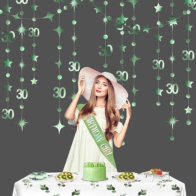 Sage Green 30th Birthday Decorations Number 30 Circle Dot Twinkle Star Garland Metallic Streamer Banner Backdrop for Womens Cheers to 30 Years Old Dirty Thirty Happy 30th Anniversary Party Supplies