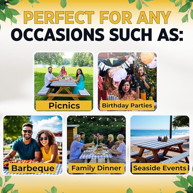 RNOONY 6ft Polyester Picnic Table Cover with Bench Covers Windproof & Waterproof Tablecloth, Perfect for Camping Gifts & RV Essentials, Cool Camping Gadgets, with Carrying Bag, 72x30 Inches, 4Pcs,Blue