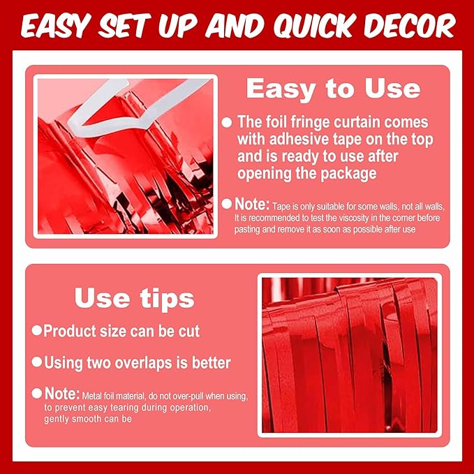 3 Pack Red Foil Fringe Curtains Backdrop, 3.28 x 8.2 Ft Metallic Streamers Tinsel Curtains Background for Photo Booth, Birthday, Halloween, Christmas, Thanksgiving, New Year Party Decorations