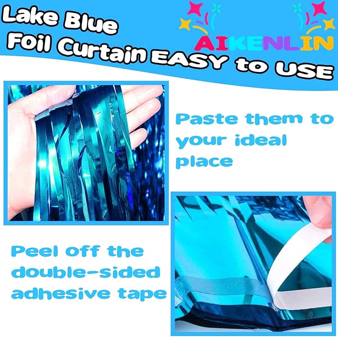 4 Pack Lake Blue Foil Fringe Curtain Backdrop, 3.2Ft x 9.8Ft Metallic Tinsel Foil Fringe Streamers Curtains for Party, Photo Booth Props, Birthday, Wedding, Christmas Party Decoration Supplies
