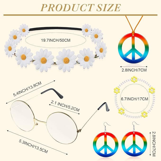 Batiyeer 6 Pcs Hippie Costume Accessories Set, Boho Peace Sign Daisy Flower 60s 70s Party Favors Decor for Groovy Party Women(White)