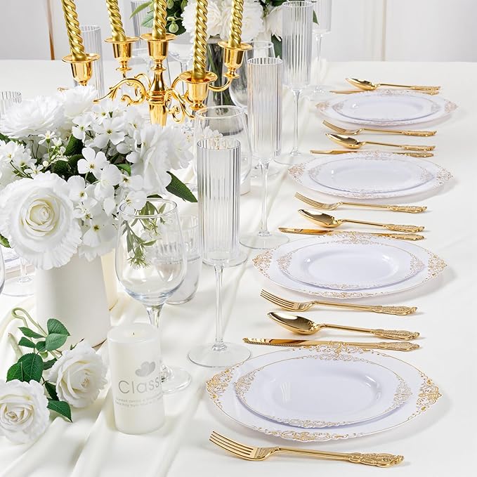 125PCS White and Gold Plastic Plates - Gold Disposable Plates with Plastic Silverware - Vintage Disposable Dinnerware Set for 25 Guests for Christmas Parties, Thanksgiving
