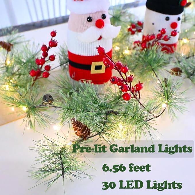 Christmas Garland with LED Fairy Lights Battery Operated Smokey Pine Garlands with 8 Flash Modes and Timer Red Berries Bells Pine Cones Green Garland Rustic Garlands for Xmas Holiday Home