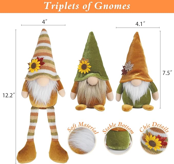 DAZONGE Thanksgiving Decor, 3PCS Harvest Gnomes Plush for Tiered Tray Decor, Thanksgiving Decorations for Home, Fall Leaves and Dangle Legs Gnomes for Home Decorations