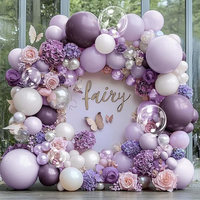 Purple White Balloon Garland Double Stuffed Light White Lilac Balloons Pearl Balloon Arch Kit For Lavender Fairy Birthday Baby Shower Wedding Wild Flower Bridal Shower Party Decor