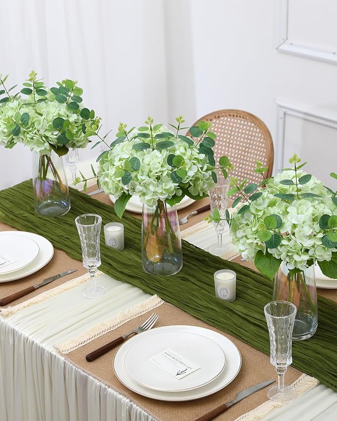 Tifuly 4pcs Fake Hydrangea with Vase - 3D Real Touch Faux Hydrangea Flowers with 3pcs Eucalyptus Stems for Wedding Centerpiece Home Party Table Decoration（Green）