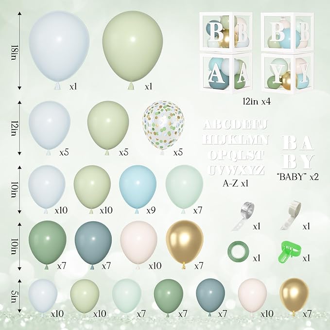 153Pcs Dusty Blue Green Balloons Baby Shower Decorations, Haze Fog Blue Mist Sage Green Balloon Arch Kit Baby Boxes with Letters (A-Z+Baby) for Baby Shower Boho Birthday Gender Reveal Party Supplies
