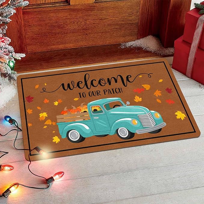 Thanksgiving Doormat Fall Truck Door Mat, Vintage Fall Truck Decor for Covered Outdoor Area Pumpkin Welcome Mat for Autumn Halloween Thanksgiving Farmhouse Decor, 24"x16"inch, 30"x18"inch