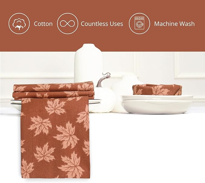 PurpleEssences Rust Fall Napkin Maple Leaves Jacquard Napkins, 18x18 Autumn Fall Cloth Napkins Set of 6, Harvest Decor Thanksgiving, Damask Maple Leaves