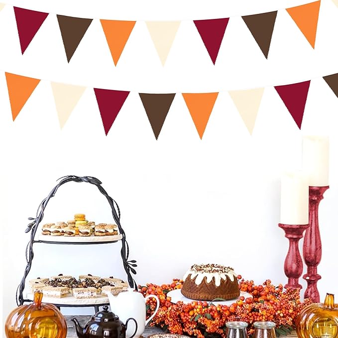 32Ft Fall Party Decorations Burgundy Orange Brown Triangle Flag Fabric Pennant Garland Bunting for Happy Fall Decor Thanksgiving Day Harvest Autumn Wedding Birthday Party Outdoor Garden Hanging Decor