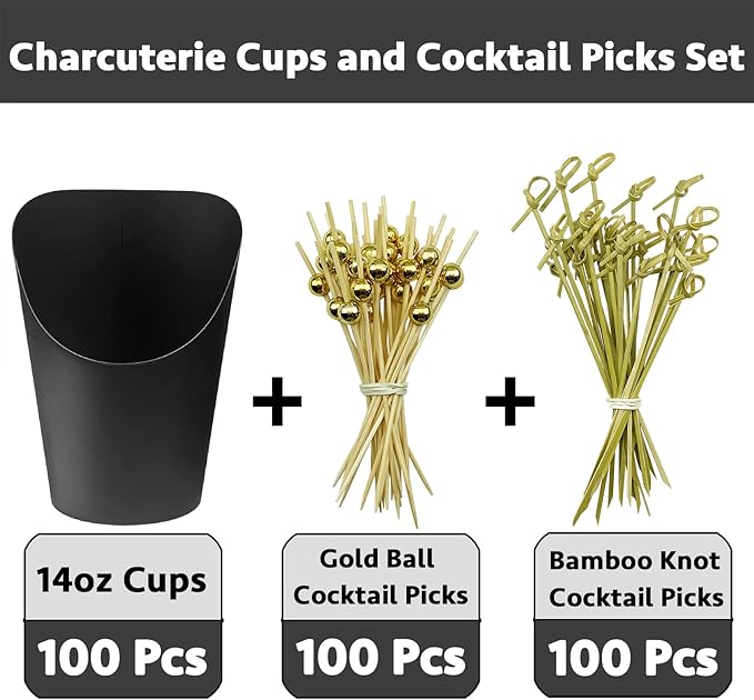 CAMKYDE [100 cups + 200 picks] 100 Pcs Charcuterie Cups with 200 Pcs Cocktail Picks (14oz, Black)