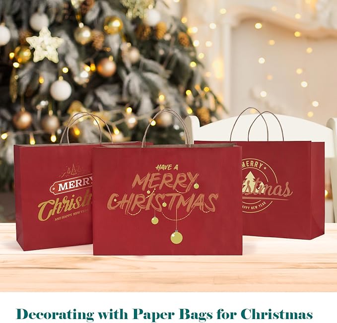 GSSUSA Gift Bags Large with Handles 16x6x12 Red 50Pcs, Kraft Paper Bags Bulk for Small Business, Paper Shopping Bag, Grocery, Shopping for Boutique, Party, Wedding
