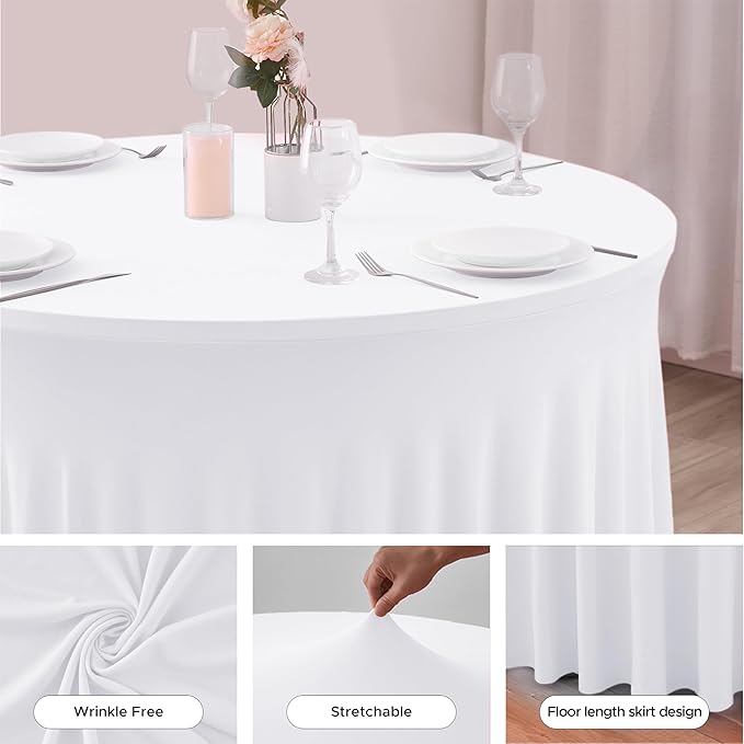 HolidayIdeas White Spandex 72in Round Table Cloths for Wedding, 6ft Fitted Stretch Table Skirts 132 Inch, Wrinkle-Free Ruffle Design Tablecloths for Banquets,Trade Shows, Parties, Events, 4 Pack