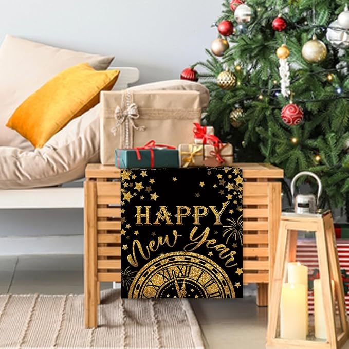 Seliem Happy New Year 2026 Table Runner, Black Gold Stars Clock Celebration Kitchen Dining Table Decor, Golden Fireworks Christmas Winter Home Decoration Indoor Outdoor Party Supply 13 x 36 Inches