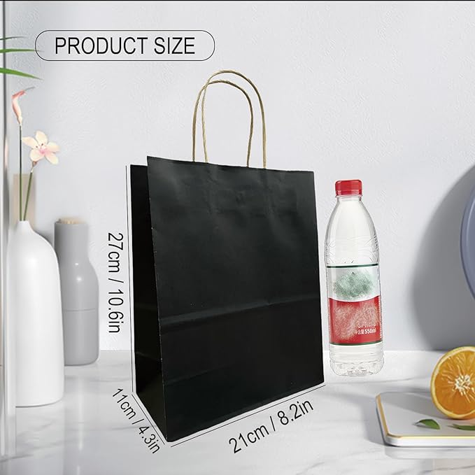 BAG BOX 25 Pack Medium 8.25x4.3x10.6 Inch Black Kraft Paper Gift Bags with Handles for Bulk Shopping, Retail, Craft, Party Favors, Wedding, Grocery & Sacks