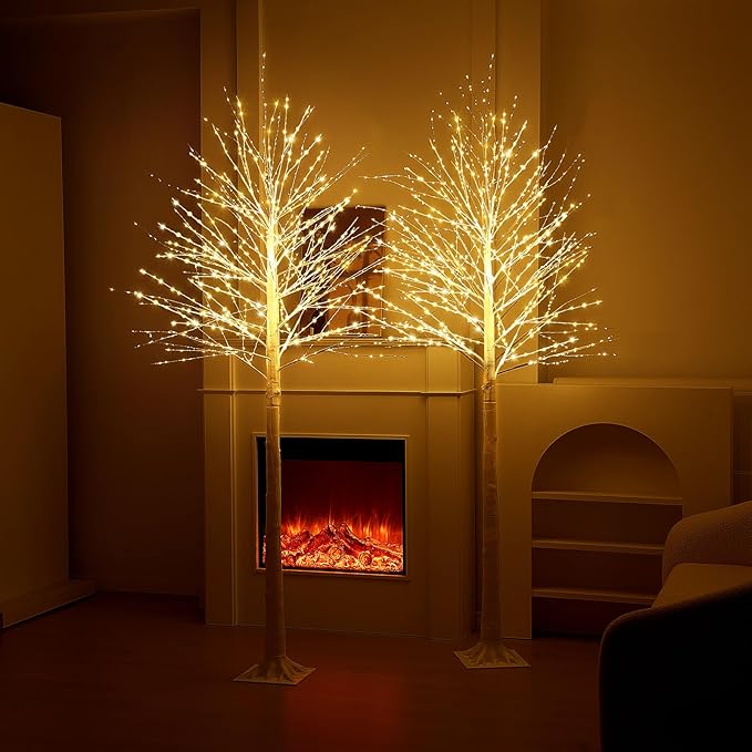 Baquler 2 Pack Lighted Birch Tree - Large Christmas Warm-White LED 8 Mode Light Birch Tree Decoration Set for Thanksgiving Holiday Fall Winter Party Decor, Indoor & Outdoor (8 ft)