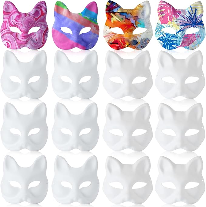 Leyndo 24 Pcs Paper Mache Masks Half Face White Masquerade Mask DIY Blank Mardi Gras Halloween Cosplay Party (Cat and Fox Style)