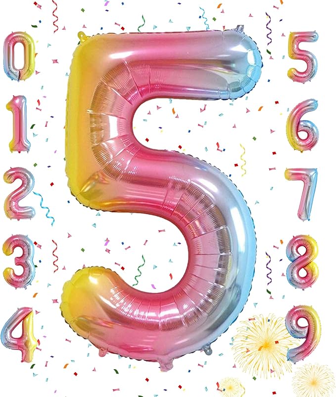 Smlpuame 40 Inch Number Balloons 0-9 Rainbow Gradient Large 5 Balloons, Digital Balloons for Party Celebration Decorations, Helium Foil Number Balloons for Wedding Anniversary