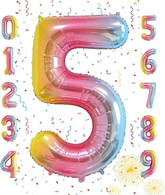 Smlpuame 40 Inch Number Balloons 0-9 Rainbow Gradient Large 5 Balloons, Digital Balloons for Party Celebration Decorations, Helium Foil Number Balloons for Wedding Anniversary