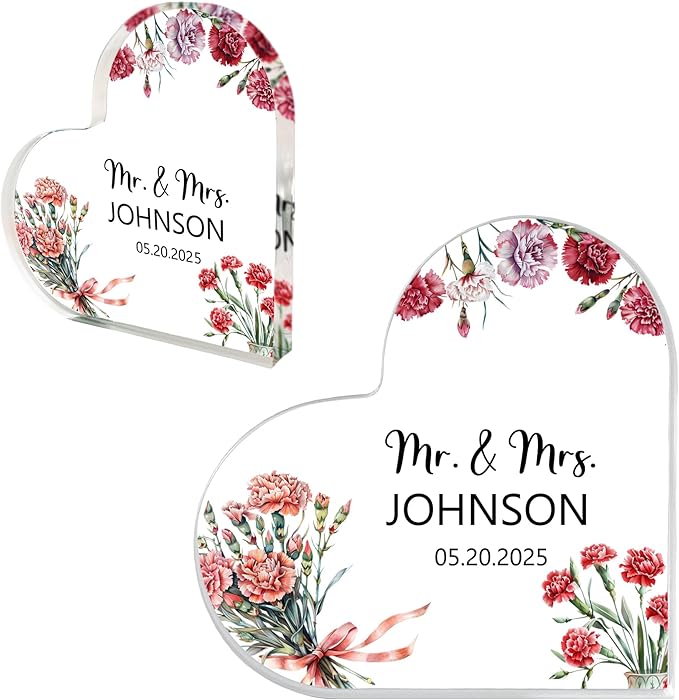Custom Wedding Heart Acrylic Plaque,Mr & Mrs Cake Topper,Personalized Wedding Keepsake/Gift/Sign (Style 5)