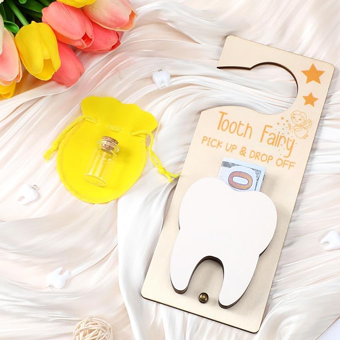 Tooth Fairy Holder Bag Hanger with Money Slot Keepsake Bottle Velvet Pouch Tooth Fairy Box Encourage Gift for Lost Teeth Boy Girl Milk(Classic,Yellow)
