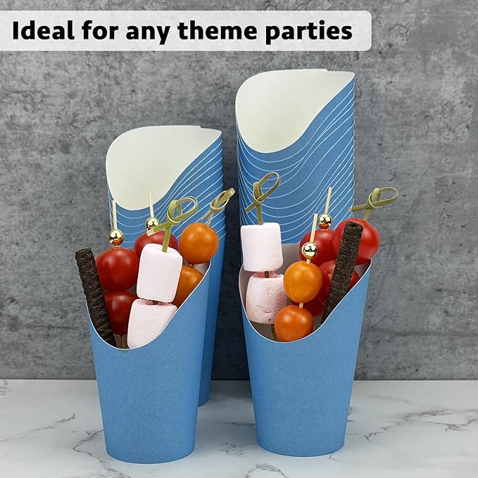 CAMKYDE 50 Charcuterie Cups + 200 Cocktail Picks + 56 Labels, 12 oz Disposable Charcuterie Cups with Sticks (2 Types), French Fry Cup Blue Paper Appetizer Cup for all Occasions (Blue)