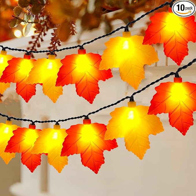 Maple Leaf Fall Lights 8.5Ft – LED String Lights with 10 3D Orange Yellow Leaves for Autumn Home, Kitchen, Table, Mantel & Thanksgiving Decor
