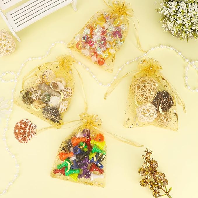 Moon Star Organza Bags 4x6 Small Mesh Bag Drawstring 50 Pcs Mesh Gift Bags Drawstring Pouch Wedding Favor Bags Jewelry Pouches Bulk Gift Pouch for Candy Soaps Birthday Festival Party Supplies, Gold
