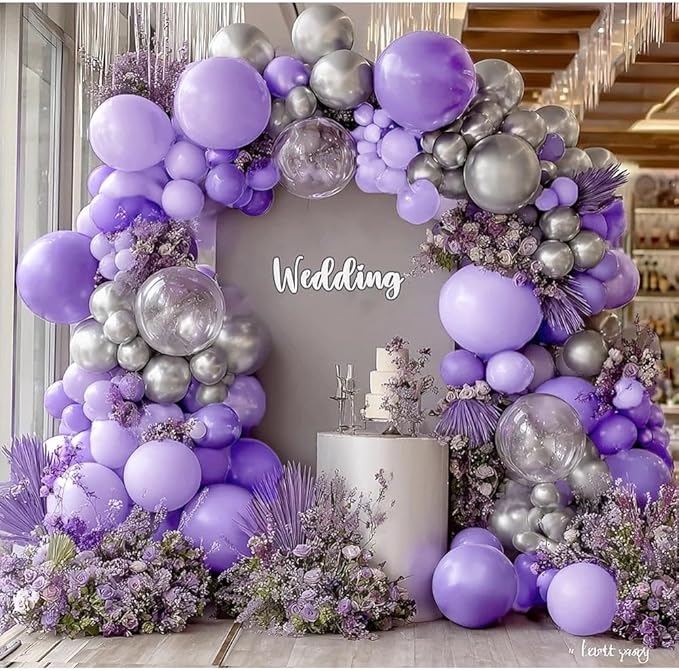 Purple Silver Balloon Arch Double Stuffed Dark Purple Balloons Lavender Lilac Balloon Garland Kit with Clear Bobo Balloons for Birthday Wedding Baby Shower Anniversary Halloween Party Decorations